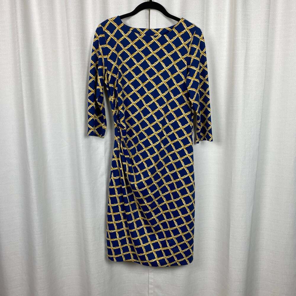 J. McLaughlin Blue&Gold Print Catalina Cloth 3/4 Sleeve Sheath Dress Sz.M